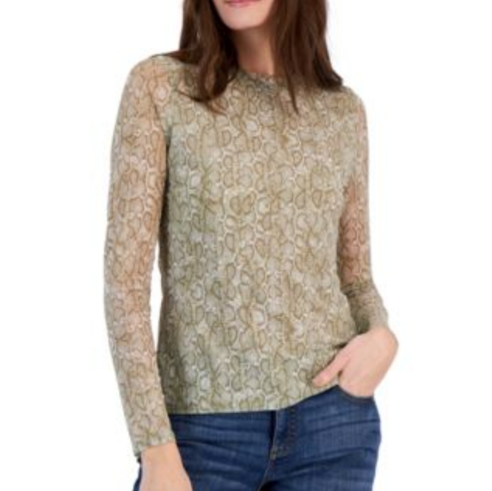 INC Womens Printed Snakeskin Sheer Mesh Crewneck Top Green Large